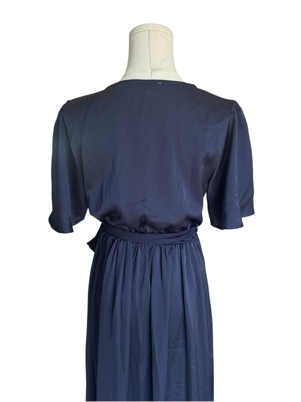 Baltic Born - NWT Navy Satin Wrap Maxi Dress Tie Waist Short Sleeve Sz M - Picture 5 of 8